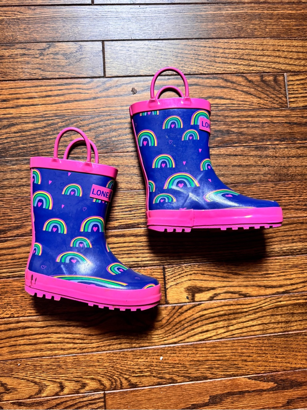 Kids Waterproof Rain Boots - Navy with Pink Trim and Rainbow Print